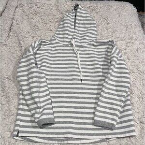 Vintage Y2K Gray Striped Hoodie Sweatshirt Size Large 90s Surf Skate Grunge 10